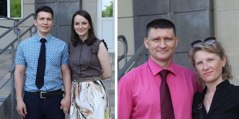 На фото: Дмитрий Голик и Алексей Берчук с женами у здания суда