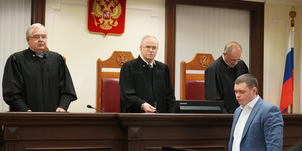 Judges of the Supreme Court of Russia Aleksey Shamov, Sergey Zelenin and Vasiliy Zykin after the announcement of the ruling in the case of Jehovah's Witnesses from Kamchatka (December 2022)