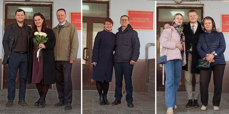 Sergey and Svetlana Malyanov, Oleg Konshin and Roman Zhivolupov with their family members at the courthouse in Nizhny Novgorod. April 2023