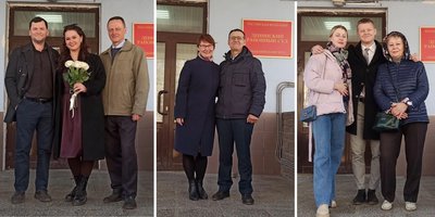 Sergey Malyanov and Svetlana Malyanova, Oleg Konshin and Roman Zhivolupov with their relatives at the courthouse in Nizhny Novgorod. April 2023