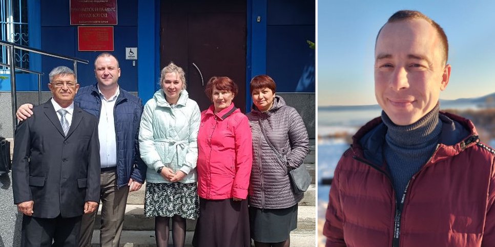 Left: Igor Kletkin, Nikolay Kononenko and Nadezhda Korobochko outside the courthouse, June 13, 2024. Right: Vladislav Markov.